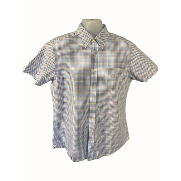 Cremieux Mens Large Slim Fit Short Sleeve Button Down Multicolor Checkered Shirt - Picture 1 of 9